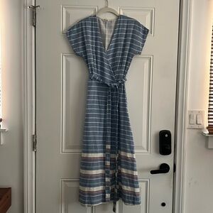 Marine Layer blue stripe midi wrap dress